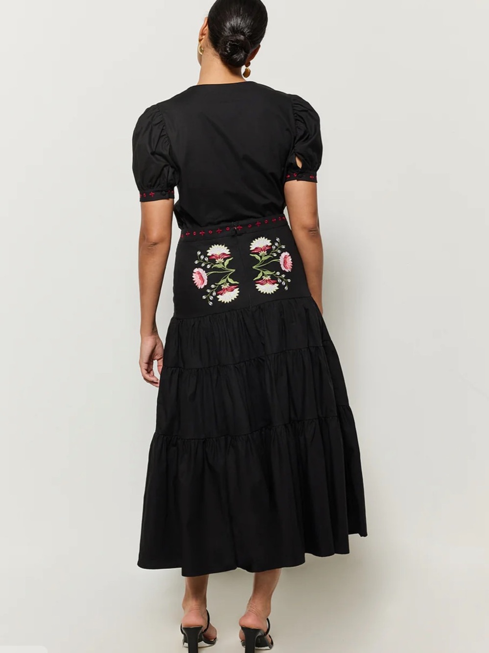 Fanm Mon Niger Set Midi Skirt & Blouse Embroidered Black Puff Sleeve Small NWT - Picture 4 of 14